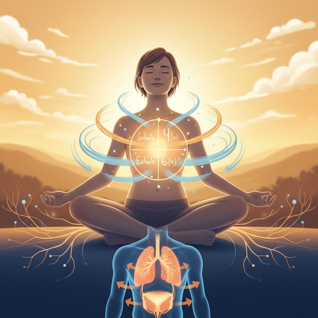 Illustration showing how to stop a panic attack using breathing exercises by calming the body's nervous system.