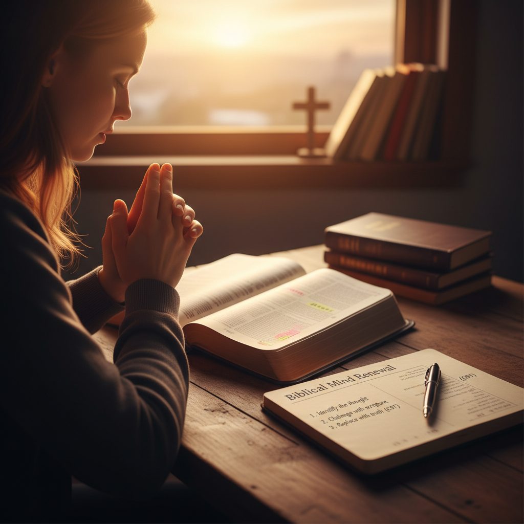 Combining CBT Techniques and Biblical Mind Renewal for Peace A person learns how to stop intrusive thoughts with cbt techniques by prayerfully studying the Bible for biblical mind ren...