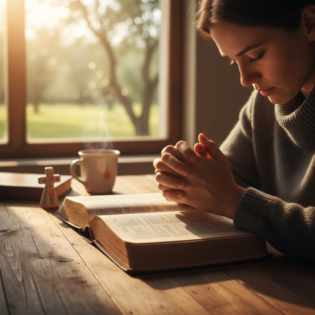 A person seeking Christian anxiety help finds comfort from anxiety and prayer while reading the Bible in a peaceful, sunli...