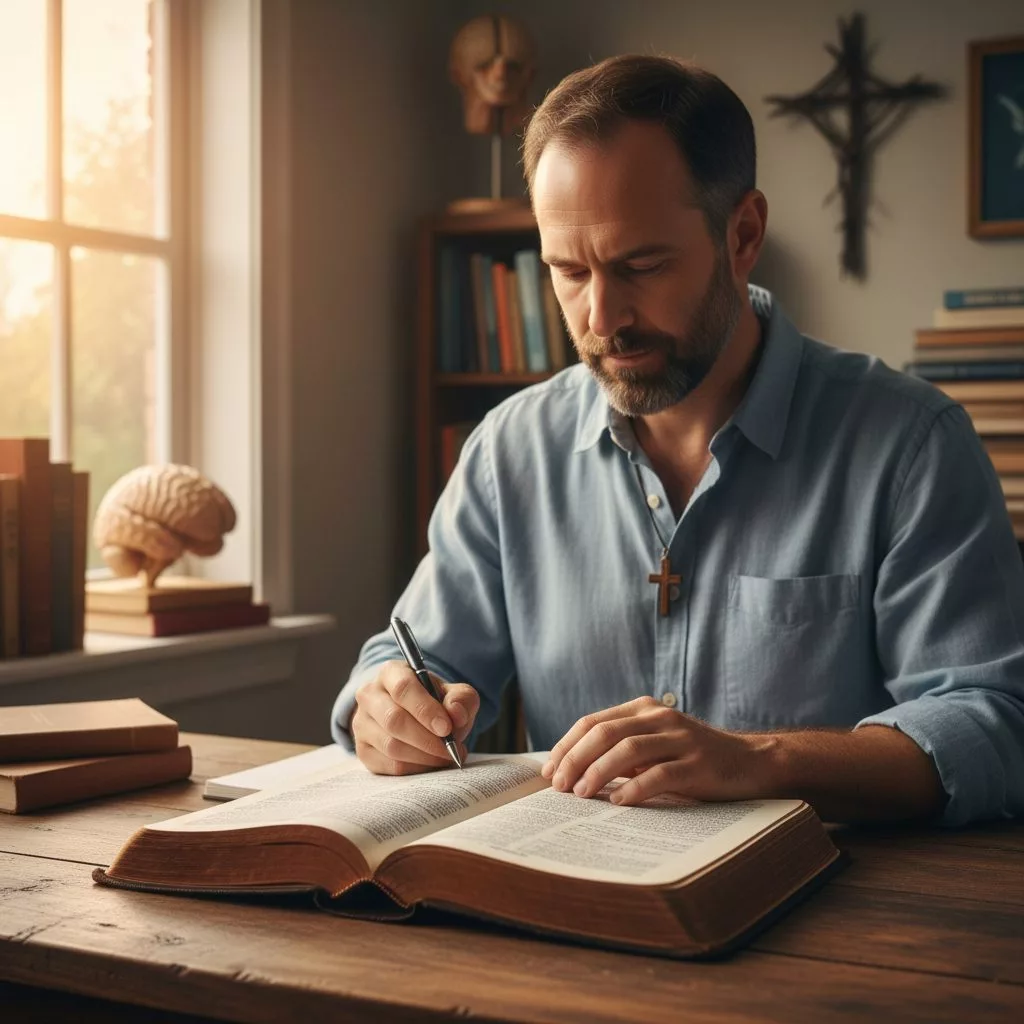 A focused man, representing one of many devout Christian Christians, engaging deeply with the Holy Bible to live a biblica...