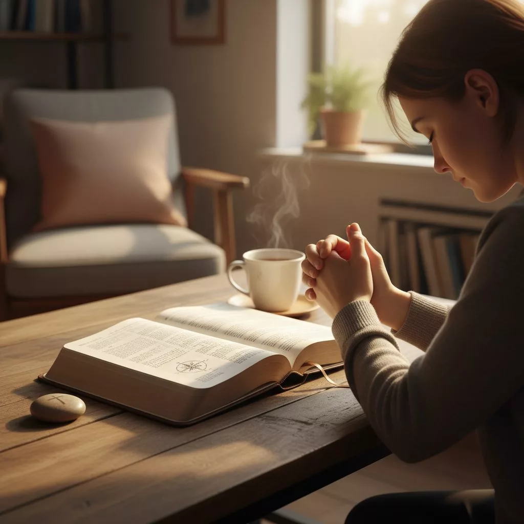 A serene moment showing how dedicated christian christians engage in intentional prayer, with their Bible open to cultivat...