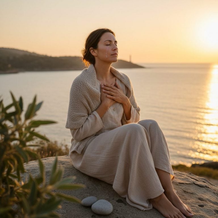 A distressed woman uses quick grounding techniques to stop overthinking, clasping her hands to find calm for her racing th...