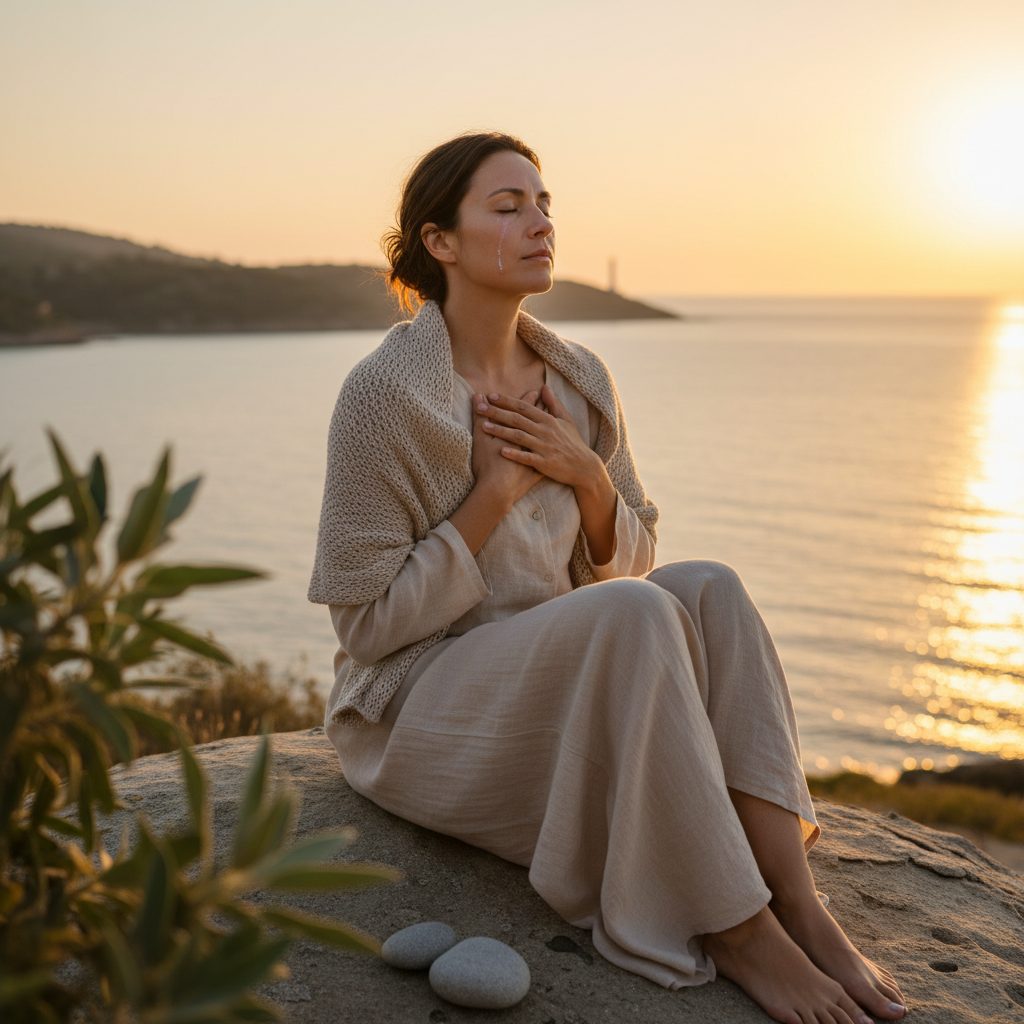 A distressed woman uses quick grounding techniques to stop overthinking, clasping her hands to find calm for her racing th...