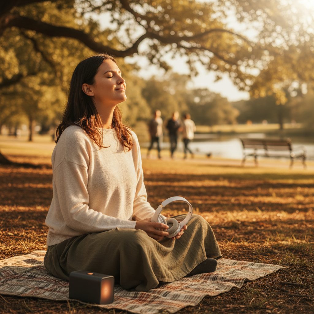 A Christian woman finds stillness by listening to a meditation for anxiety and overthinking guided audio in a park.