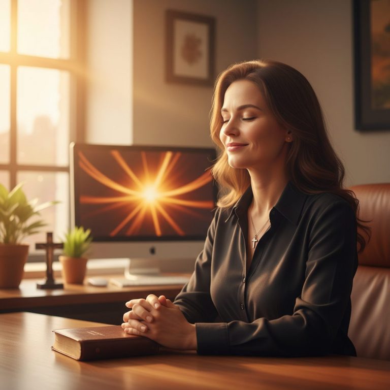 Professional woman engaging in a Christian meditation for anxiety at work desk practice, finding a moment of God's peace.