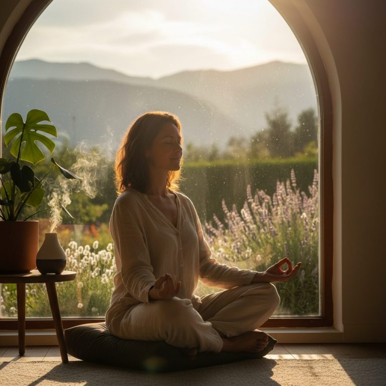 A woman finds a quiet moment for a meditation for anxiety beginners 5 minutes, sitting peacefully by a window to connect w...