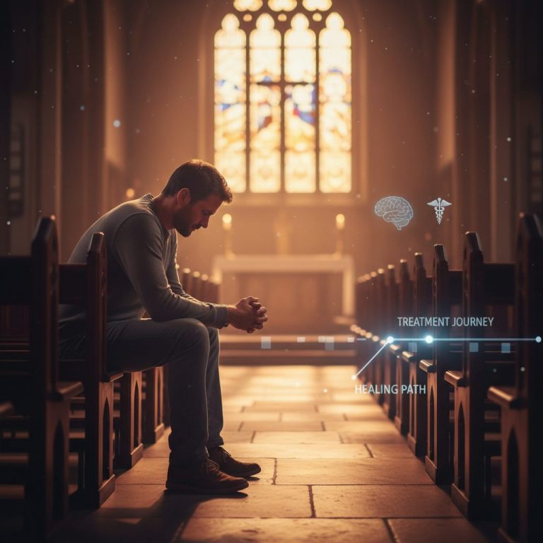 Man sitting alone in a church pew, illustrating the journey to find nervous breakdown treatment options and timeline.