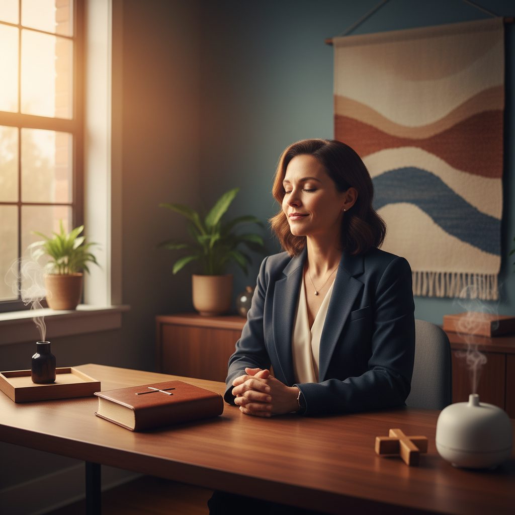 Christian Approach to Mindfulness at Work Exercises Christian professional engaging in a quiet meditation for anxiety at work desk practice, grounding her mindfulness in faith.