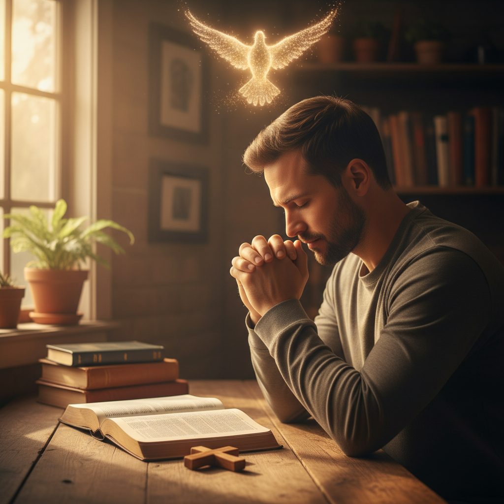 A Christian individual learns how to stop intrusive thoughts in OCD recovery by turning to prayer, illustrating the spirit...