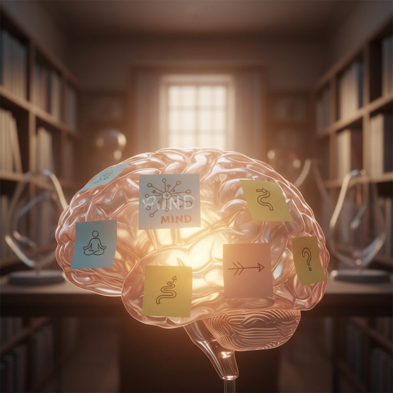 Illustration of a brain with sticky notes, showing how to stop intrusive thoughts in OCD recovery by understanding the min...