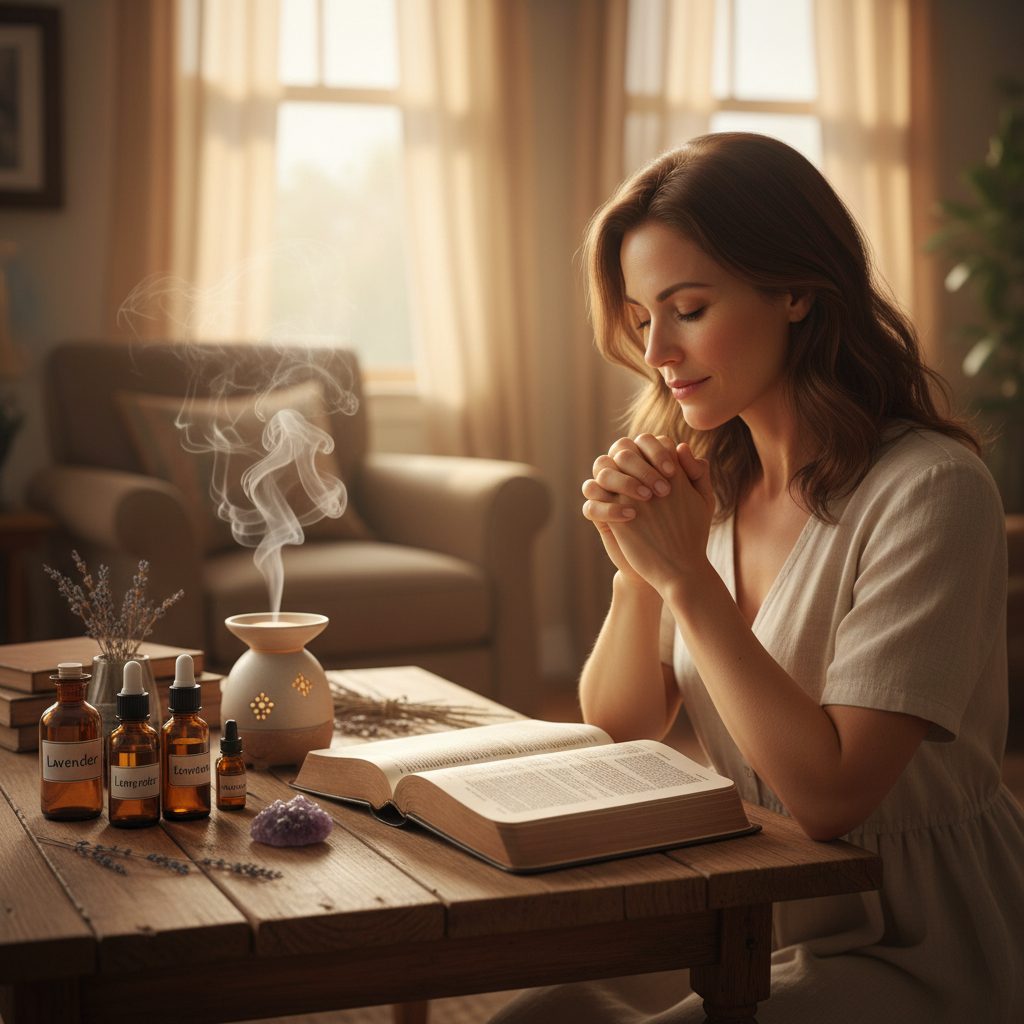 Christian woman using natural remedies for anxiety with essential oils, praying with a Bible and an aromatherapy diffuser ...