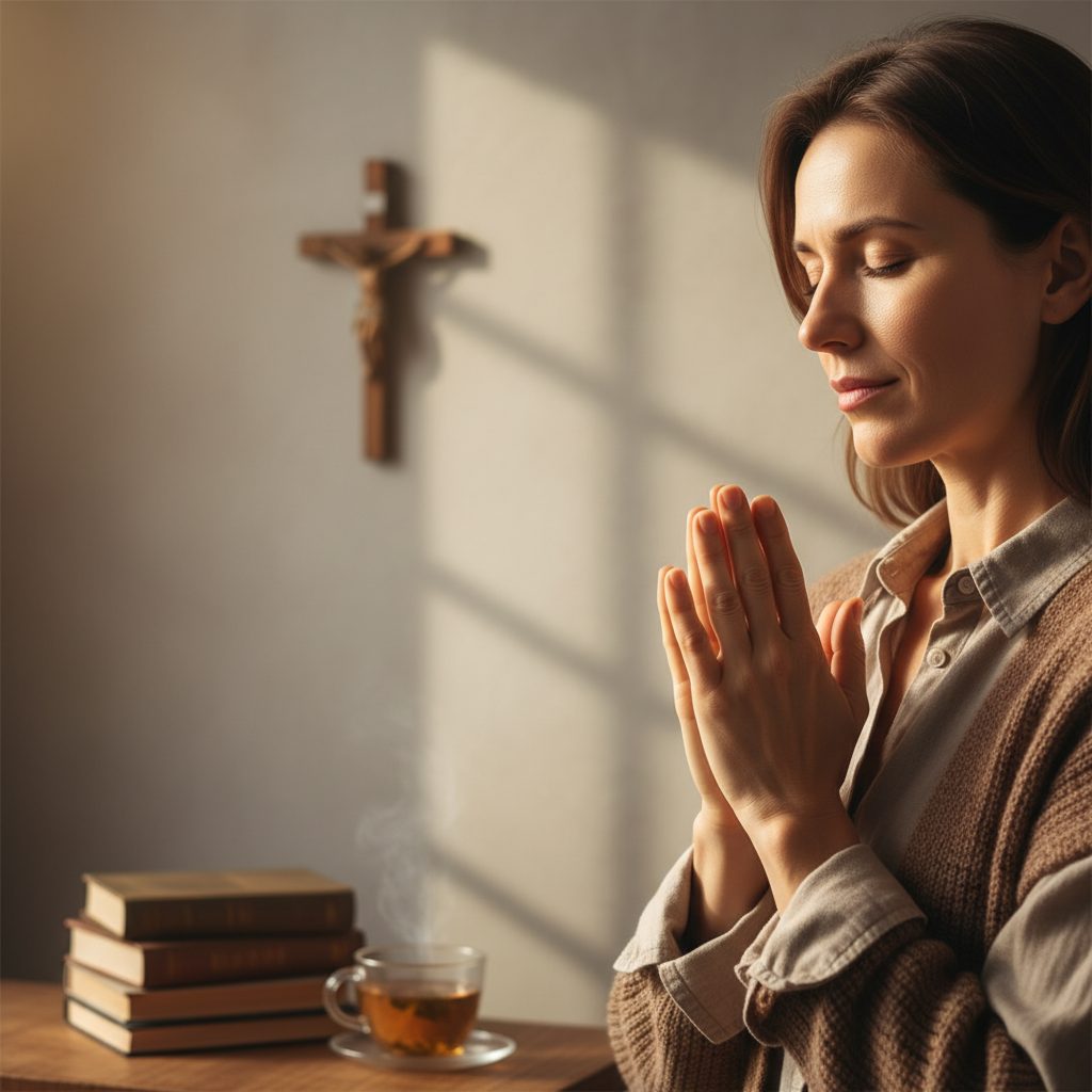A person offering a prayer for anxiety and stress relief today, finding a moment of peace from their overwhelming worry.
