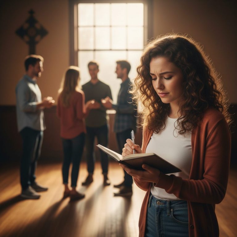 A young woman feeling shy and looking for social anxiety tips for starting conversations at a church small group.