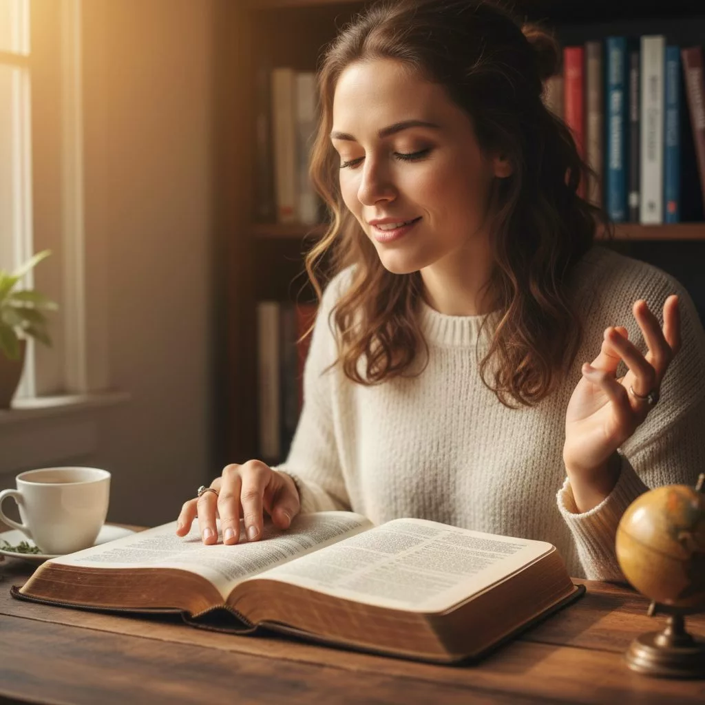 A Woman Finding Her Voice in God’s Word Through Scripture A thoughtful Christian woman and bible in a personal study session, finding her voice in the words of scripture.