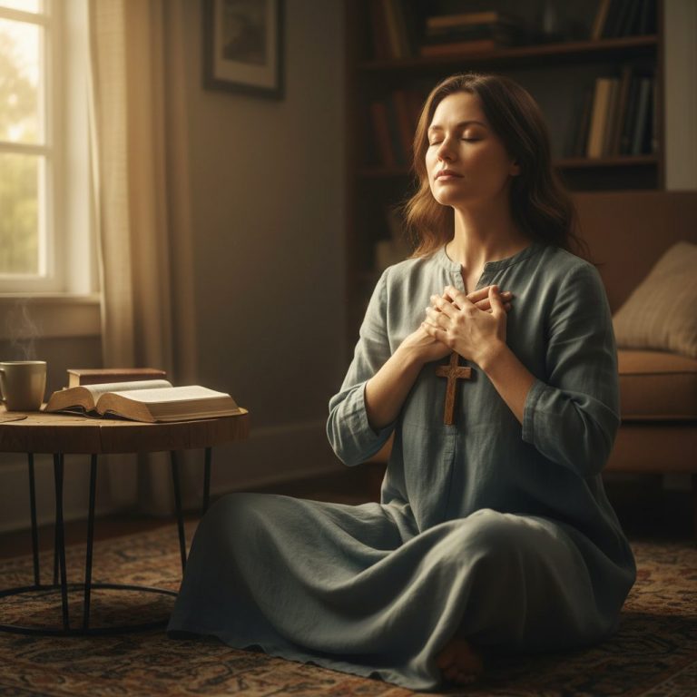 A Christian woman learning how to stop a panic attack through faith and prayer, finding solace in a moment of distress.