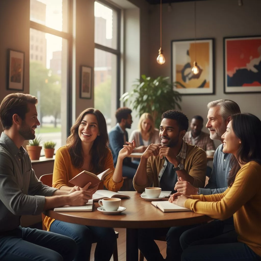 A diverse group of people in a modern setting discussing the core principles of christianity and christian faith journey.