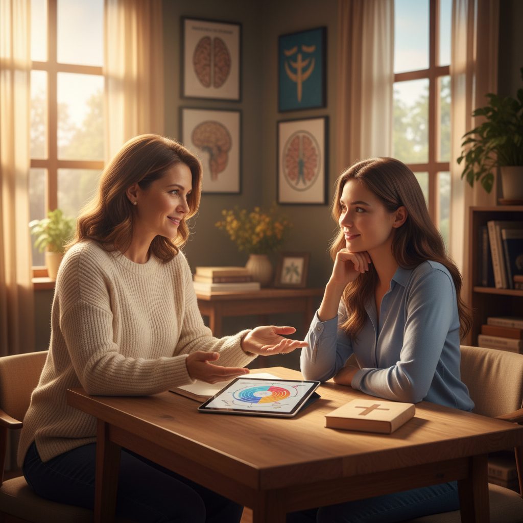 A compassionate therapist and a young woman exploring social anxiety therapy options explained during a Cognitive Behavior...