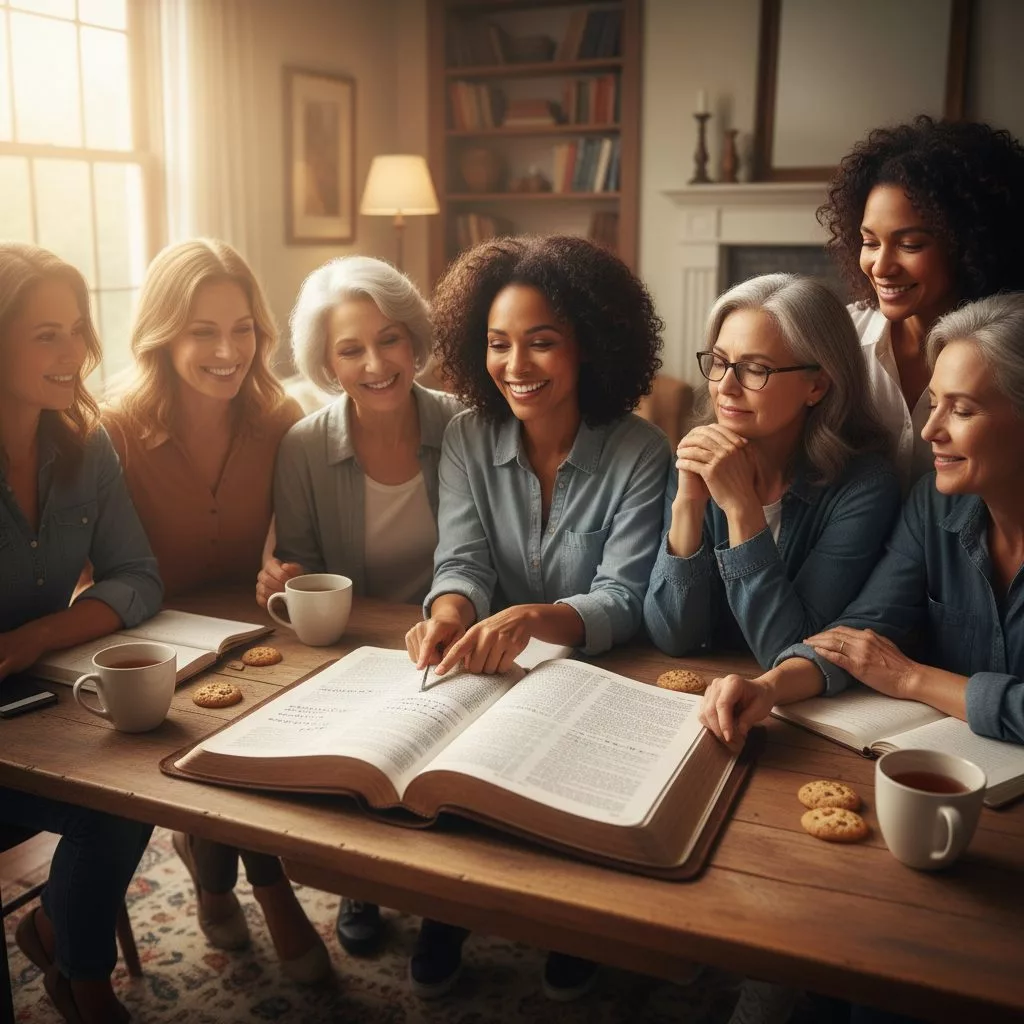 The Power of Community in Bible Studies for Ladies A diverse group of Christian women finding encouragement and community during one of their weekly bible studies for ladies.