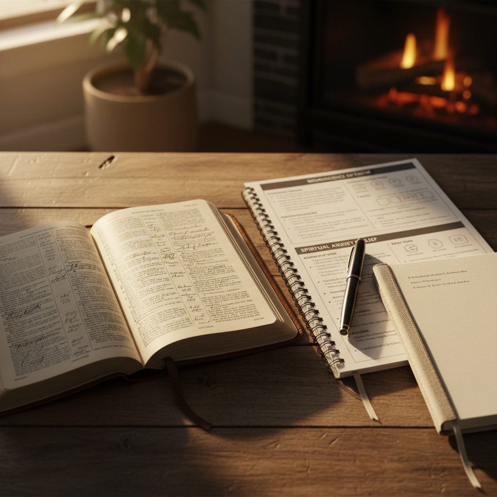 Using an Effective Study Guide for Deeper Bible Study Overhead view of a helpful study guide for bible study laid open next to a Bible, with a pen and a journal for notes.