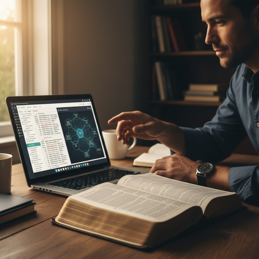 In-Depth Scripture Analysis with Comprehensive Bible Software A person using comprehensive software on a laptop, demonstrating one of the digital study tools for the bible for in-depth...