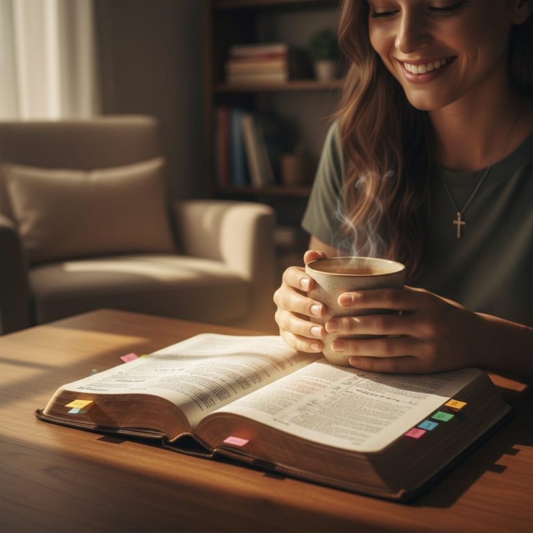 A woman smiling as she begins her daily bible study with a cup of coffee, highlighting the joy of scripture.