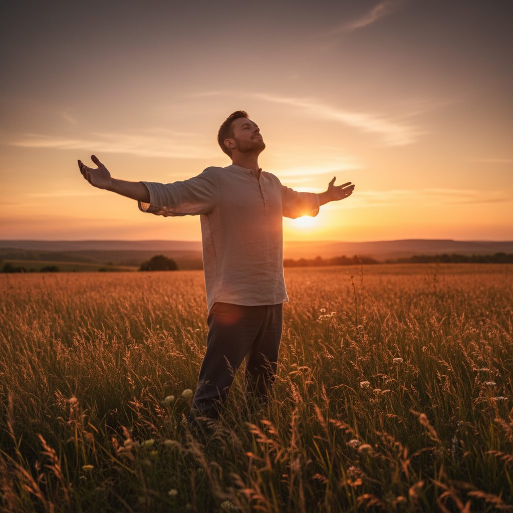 A Practical Step for Trusting in God: Daily Surrender A person standing in a sunlit field with open hands, symbolizing the daily practice of trusting in god and surrendering.