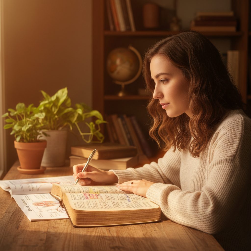 Discerning Biblical Signs of Spiritual Warfare vs Anxiety Christian woman studying her Bible to understand the difference between her nervous system vs spiritual warfare and its sy...