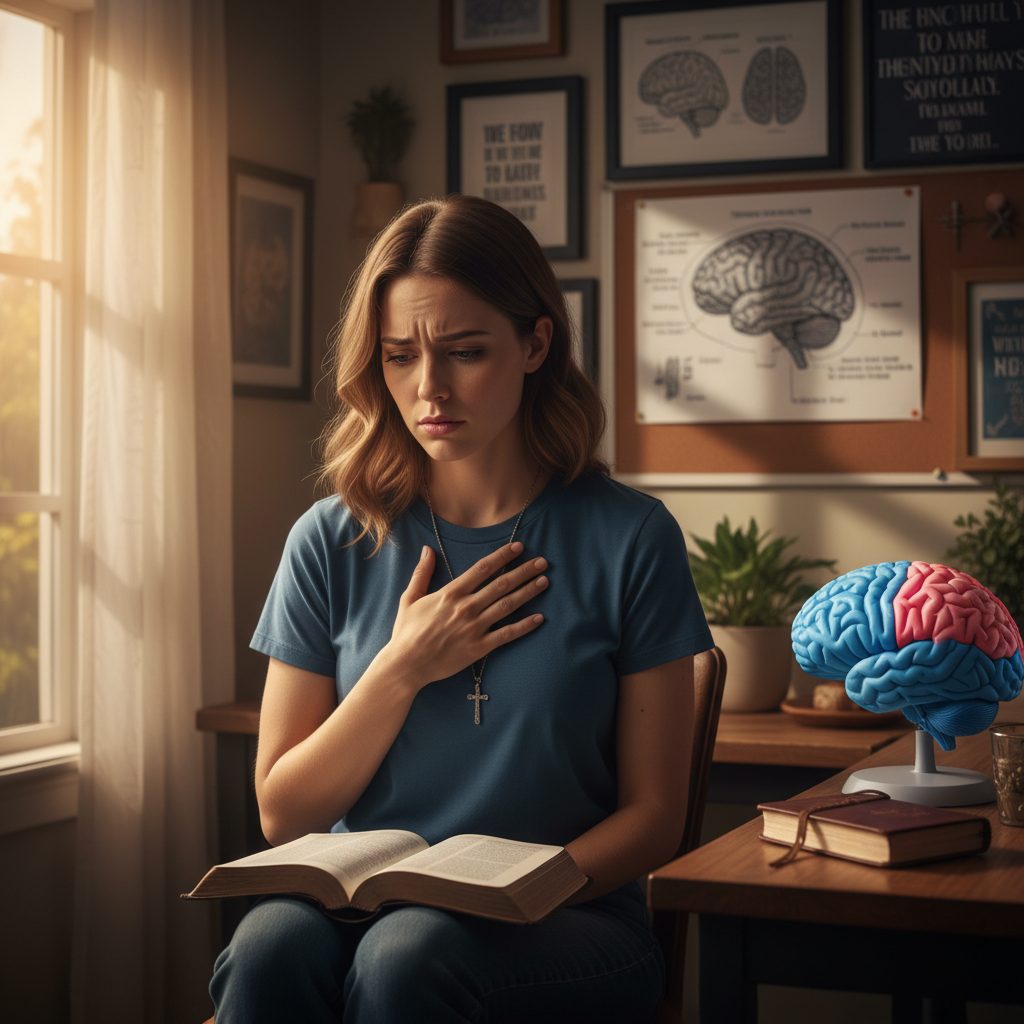 Discerning the Difference: Is It Your Nervous System vs. Spiritual Warfare? A Christian woman looking anxious, illustrating the challenge of discerning nervous system vs spiritual warfare in moments...