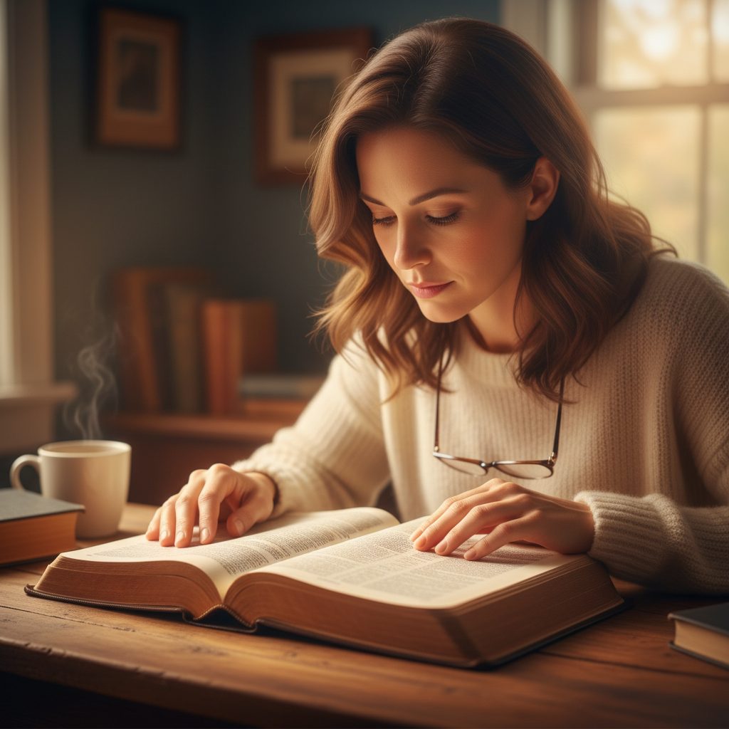 A woman deeply studying the scriptures on faith in her open Bible, seeking to understand their true meaning.