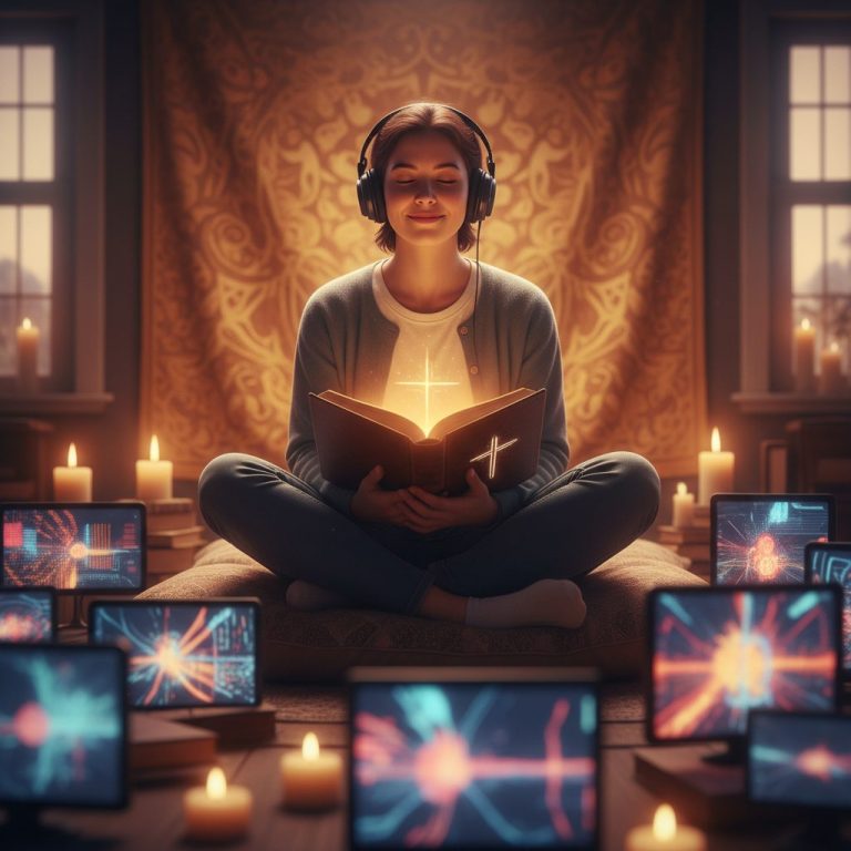 sensory overload and faith‑based mindfulness - A person finds peace from sensory overload and faith-based mindfulness, sittin