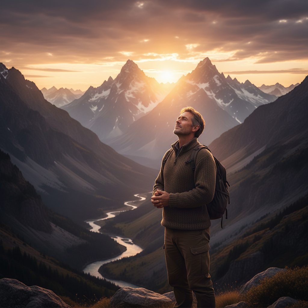 A person stands in reverent awe before a majestic mountain range at sunrise, illustrating the biblical concept of the fear...