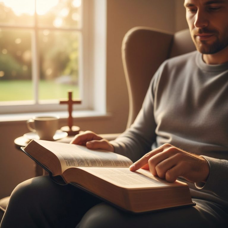 A person finding peace and biblical help by reading scripture in anxiety, sitting calmly in a sunlit room.