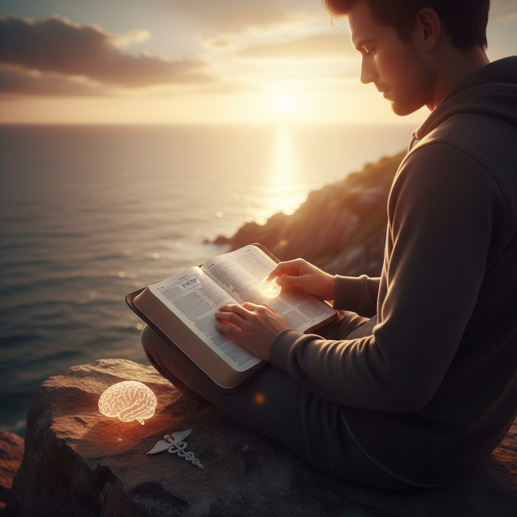 A person finds peace by reading scriptures on faith while sitting on a solid rock, representing finding stability in God's...
