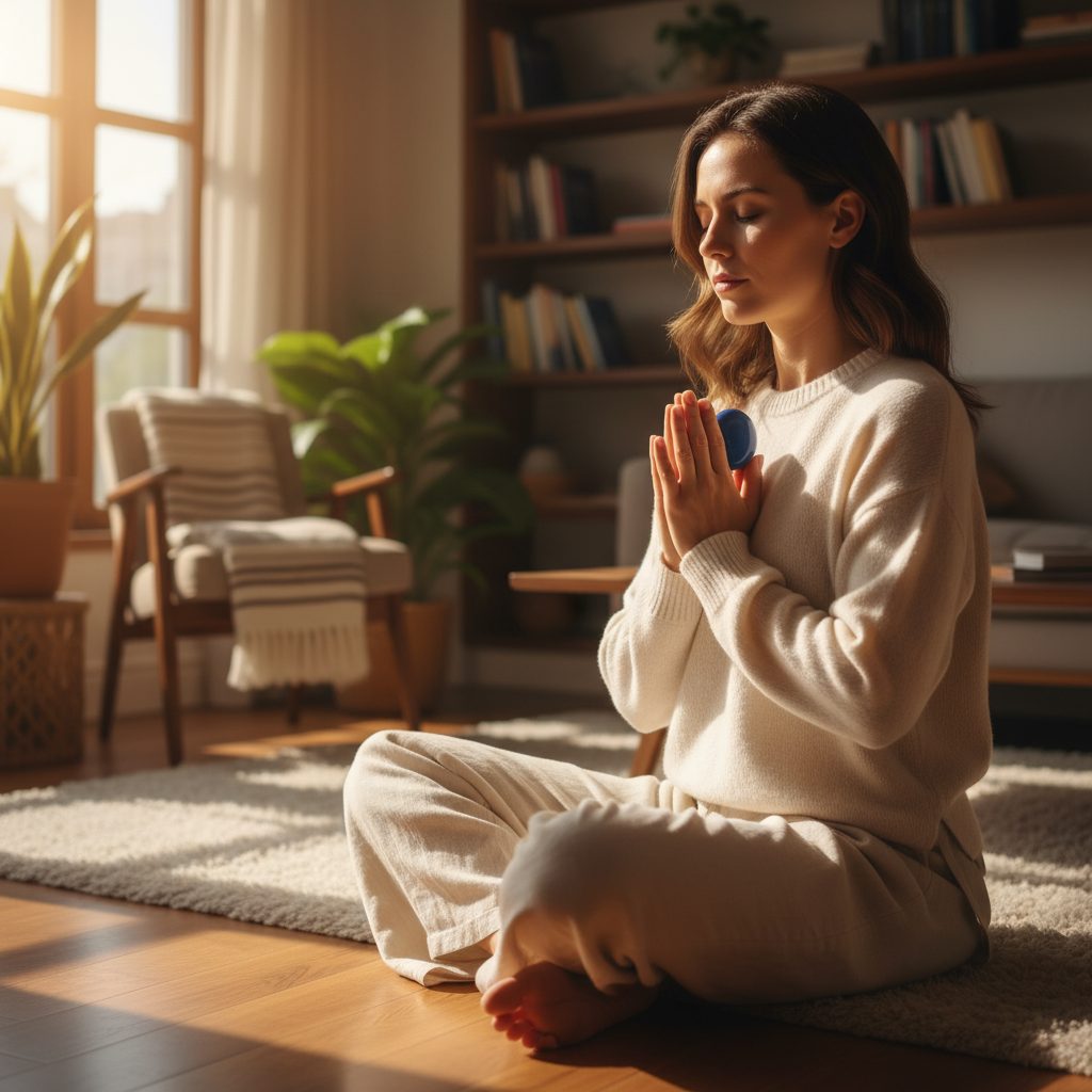 A key one of many panic attack tips for first time sufferers is shown, as a woman grounds herself through prayer and deep ...
