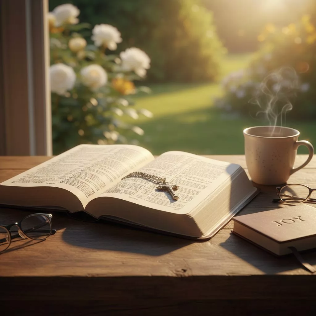 An open Holy Bible resting on a wooden table, illustrating the foundational beliefs of christianity and christian faith jo...