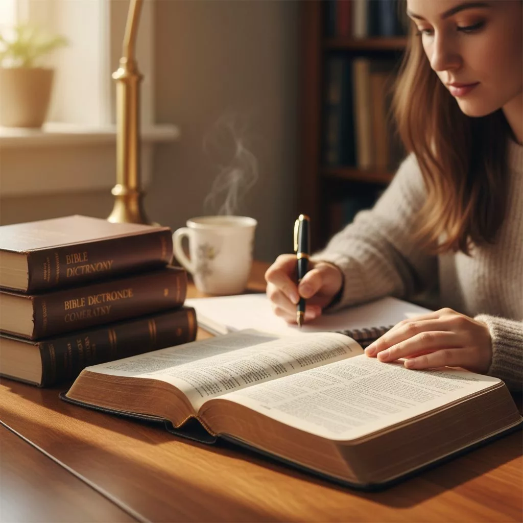 A person using foundational bible study books with a pen and notebook to learn how to read scripture for the first time.