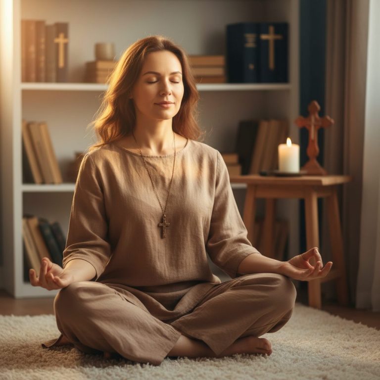 A Christian woman demonstrates how to stop a panic attack using breathing exercises, finding a moment of calm and peace th...