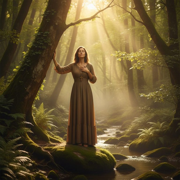 A woman finds peace in nature, demonstrating how to stop a panic attack with grounding techniques rooted in faith.