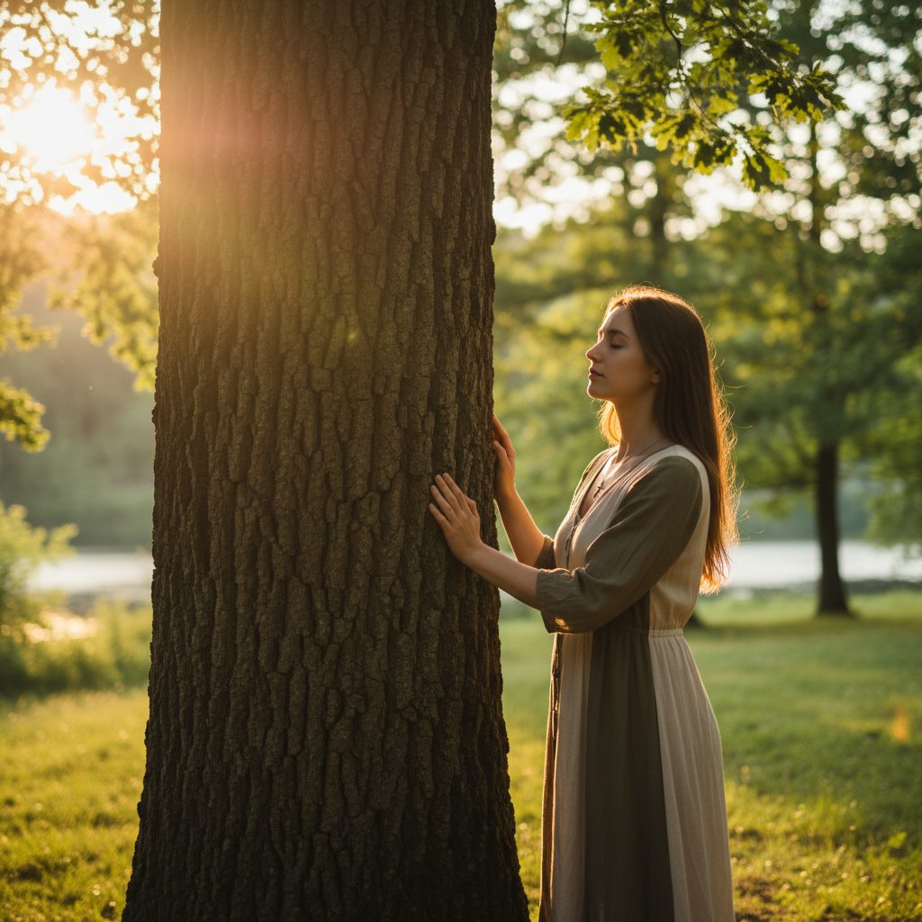 A serene woman shows how to stop a panic attack with grounding by calmly touching a tree, embracing faith-based anxiety re...