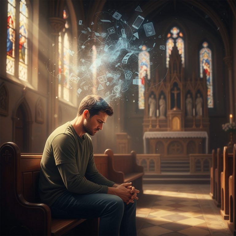 Man sitting alone in a church pew, illustrating the challenge of how to stop intrusive thoughts during prayer.