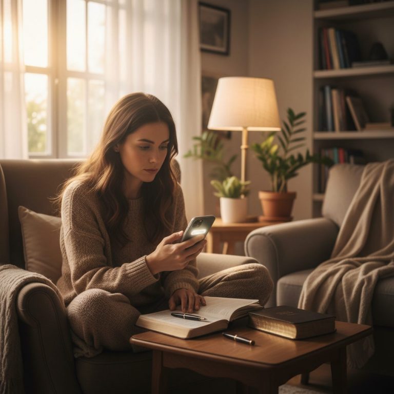 A woman showing signs of text message anxiety learns how to stop overthinking every text message through faith-based pract...