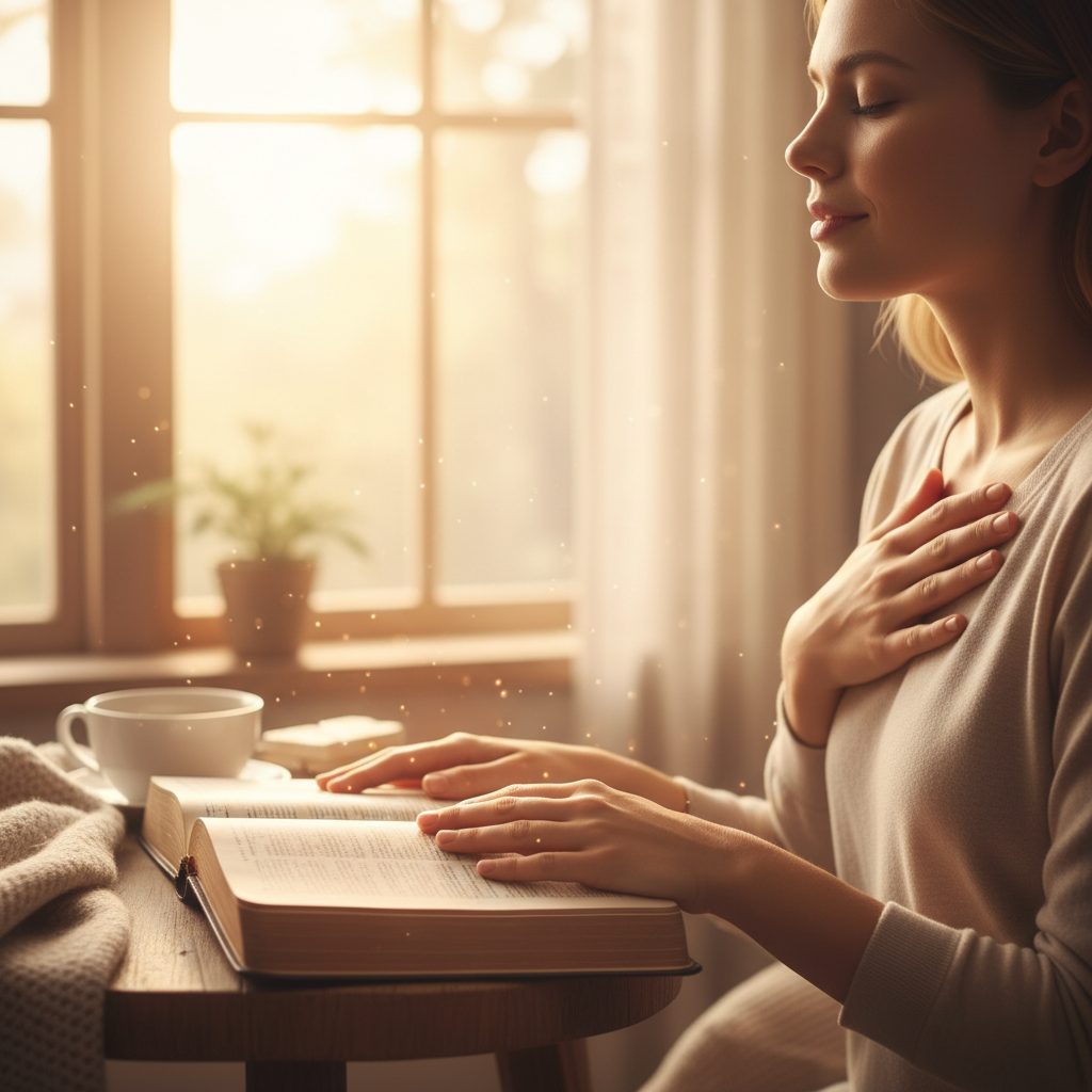 Person finding peace with a Bible open, symbolizing how to stop a panic attack in 60 seconds through scripture and faith