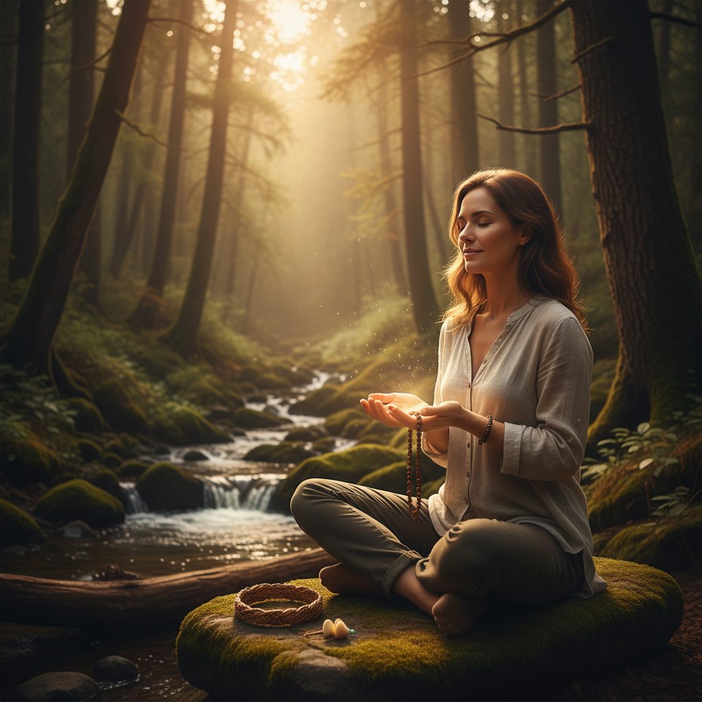 A woman uses spiritual grounding, a key part of her sensory overload recovery toolkit for hsps, to find peace in a quiet s...