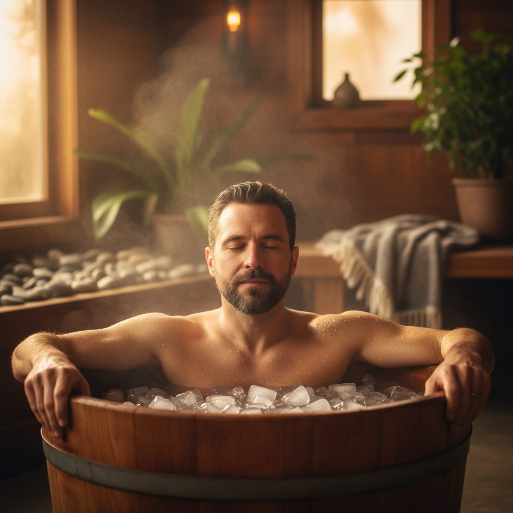 A man practices how to regulate your nervous system using cold exposure by taking a calm, therapeutic ice bath for mental ...