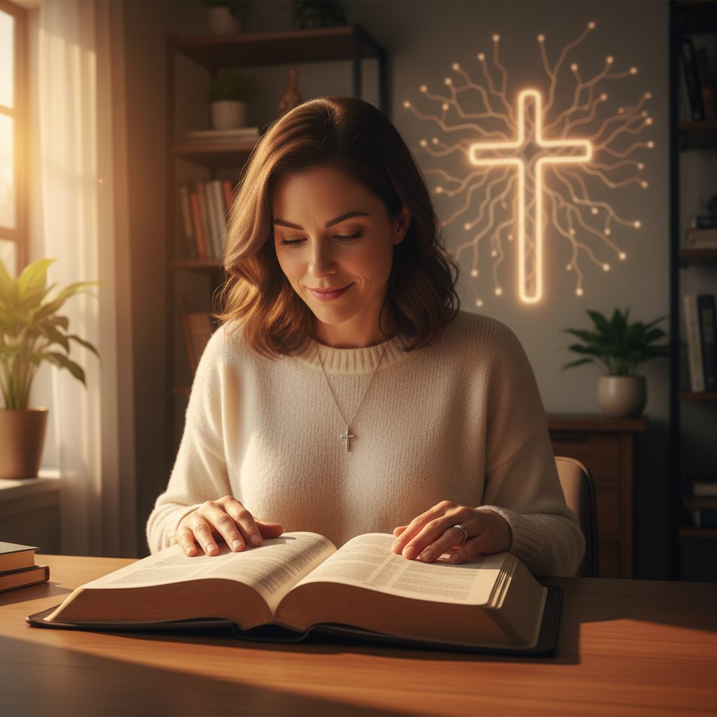 Woman studying her Bible to understand her identity in Christ, a key part of a practical christian philosophy for modern l...