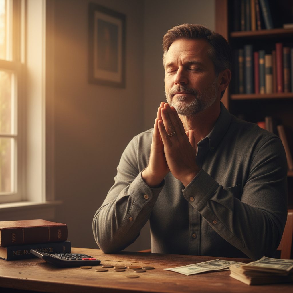 A man with his hands clasped, saying a prayer for anxiety about finances, seeking comfort and guidance from God.