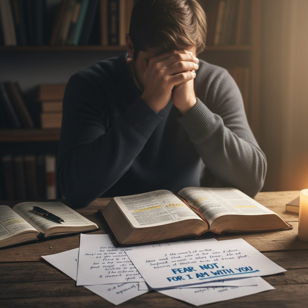 A man sits with his head in his hands, seeking comfort from anxiety and bible verses laid open on the table before him.