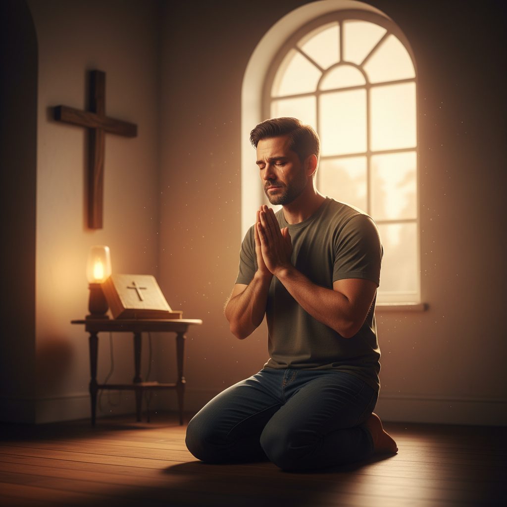 A distressed man uses panic attack christian prayers for peace to find solace and calm during an episode of anxiety.