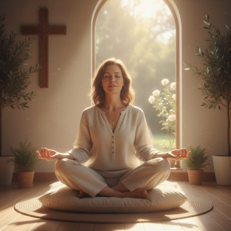 A woman peacefully practices meditation for anxiety christian breath prayer while sitting in a serene, sunlit room, findin...