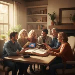 A diverse group of modern Christian Christians studying the Bible together, embodying the principles of living for Christ ...